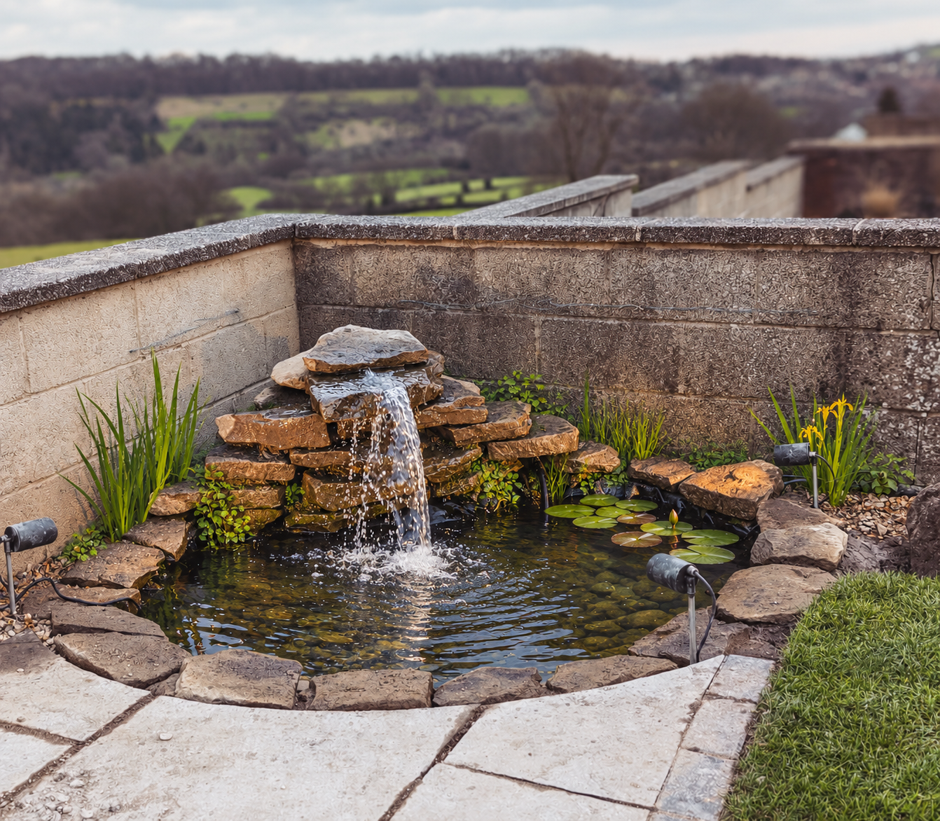 Stone-edged garden pond with a waterfall, clear water and pond plants